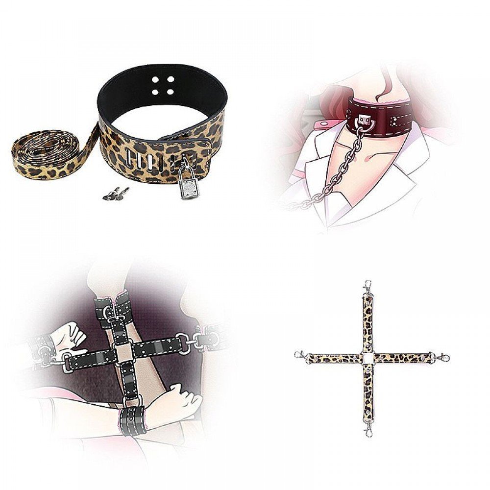 KIT SADO ONCINHA Kit Bondage Vermelho é um kit sado com 7 itens, sendo eles mordaça, venda, coleira com estirante, guia, chicote, algema e tornozeleira. KIT SADO ONCINHA