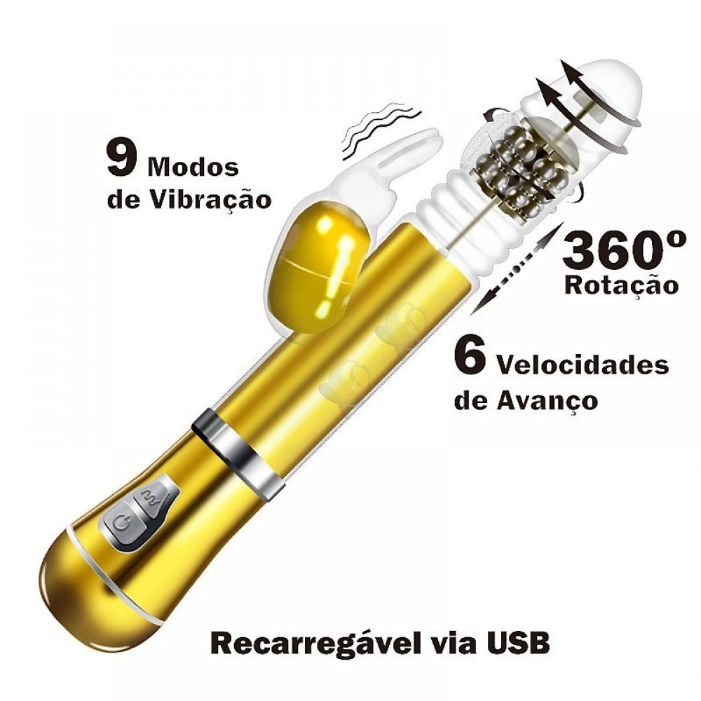 ROTATIVO COELHO CROMADO RECAREGAVEL COM VAI E VEM 8432 Vibrador Rotativo, feito em material macio e de fácil limpeza. ROTATIVO COELHO CROMADO RECAREGAVEL COM VAI E VEM 8432