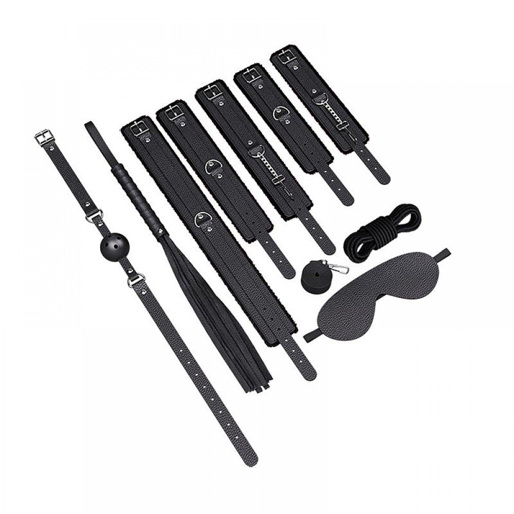 KIT SADO 7 ITENS PRETO 8613 kit sado composto por venda, mordaça, algema, tornozeleira, chicote e corda, coleira e guia. KIT SADO 7 ITENS PRETO 8613