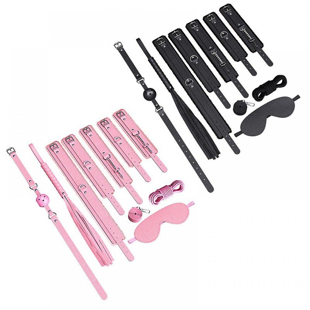 KIT SADO 7 ITENS PRETO 8613 kit sado composto por venda, mordaça, algema, tornozeleira, chicote e corda, coleira e guia. KIT SADO 7 ITENS PRETO 8613