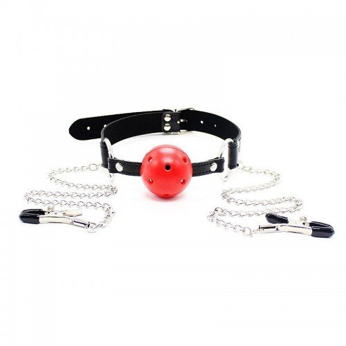 MORDAÇA COM BOLA E GRAMPOS DE MAMILO 