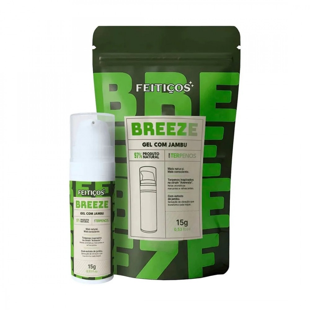 BREEZE EXITANTE EM GEL COM JAMBU E TERPENOS 15G A potência dos terpenos inspirados na strain Amnesia, combinada ao extrato de jambu, proporciona uma vibração intensa e prolongada. BREEZE EXITANTE EM GEL COM JAMBU E TERPENOS 15G