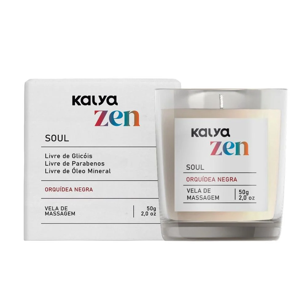 KALYA ZEN VELA 50G Kalya Zen SOUL é uma vela de massagem que faz parte da Linha Kalya Zen, uma linha criada com base na visão holística da sensualidade, com um conjunto de produtos que te prepara para noites quentes e sensuais. KALYA ZEN VELA 50G