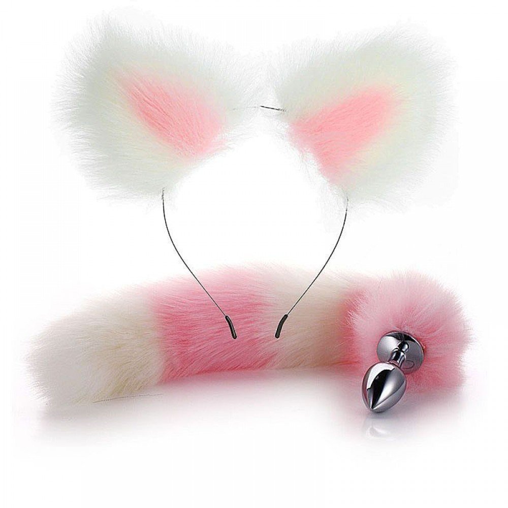 KIT GATINHA PLUG COM RABO E TIARA ROSA COM BRANCO Plug Anal Rabo de Raposa em aço com formato cônico que facilita a penetração, produzido em aço inoxidável e polido a mão, com calda na base extremamente macia, similar a um rabo de raposa. KIT GATINHA PLUG COM RABO E TIARA ROSA COM BRANCO
