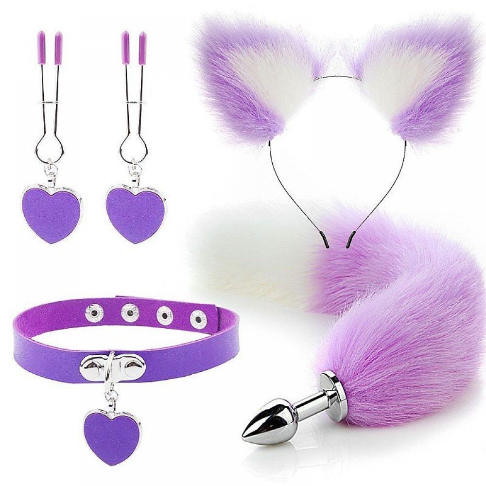 KIT RABO DE RAPOSA COM TIARA DE ORELHAS 7339 Kit - Rabo de Raposa com Tiara de Orelhas - Grampos para os seios em Metal e Gargantilha - SI Plug Anal Rabo de Raposa em aço com formato cônico que facilita a penetração, produzido em aço inoxidável e polido a KIT RABO DE RAPOSA COM TIARA DE ORELHAS 7339