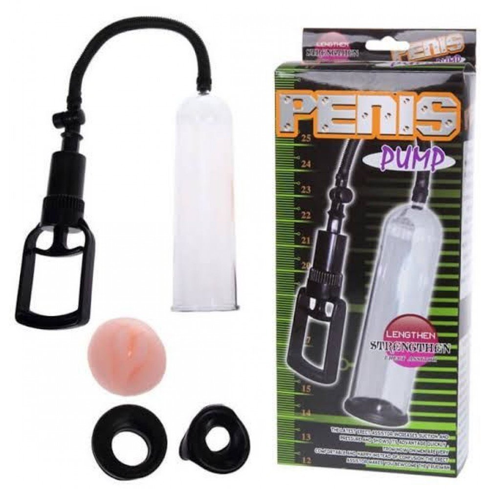 PENIS PUMP - BOMBA PENIANA MANUAL COM MANILHA E 3 ANÉIS PARA BASE - 19 X 5,5 CM
